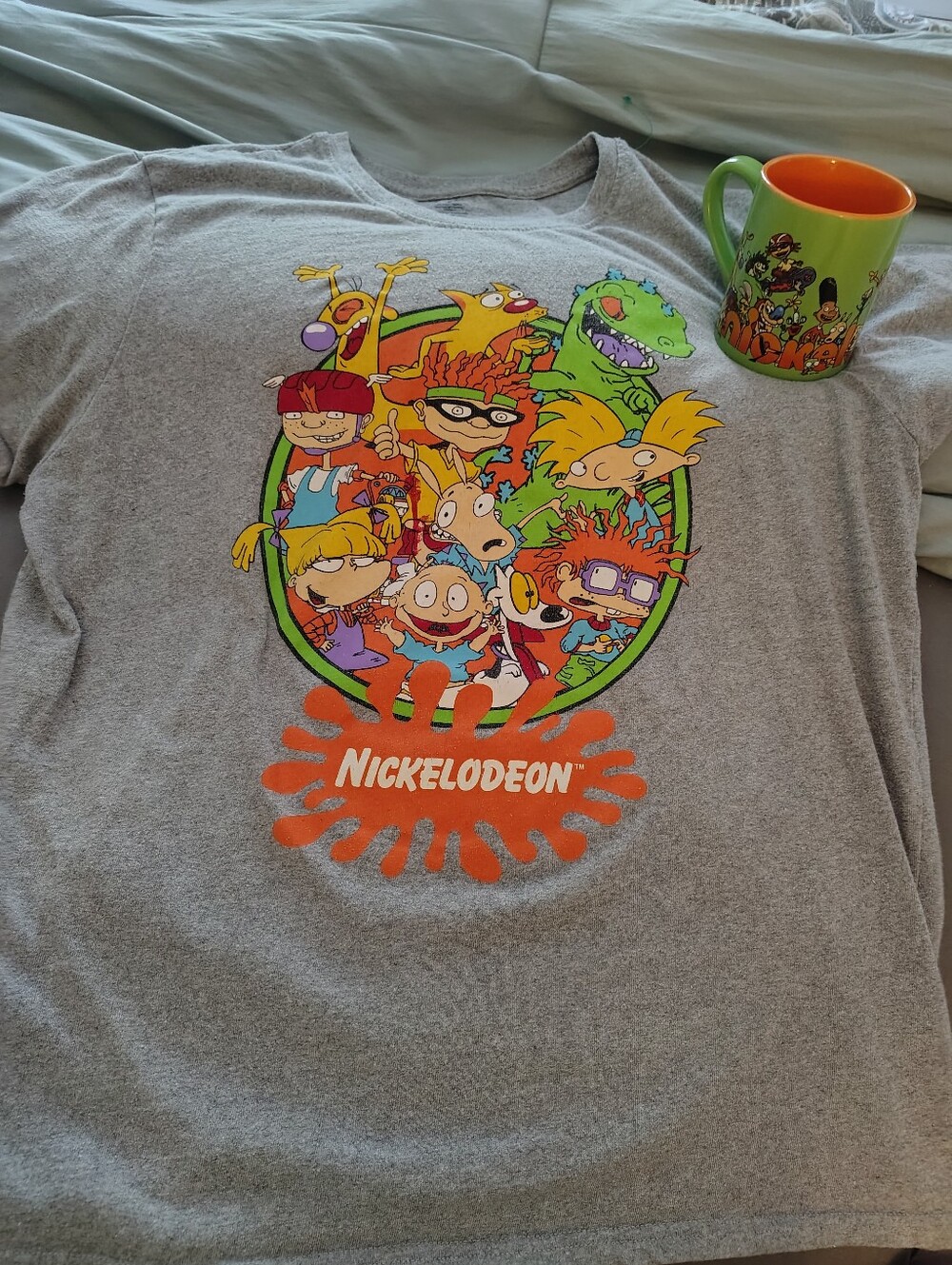 Nickelodeon Tee with Bright Orange Logo & Multicolor Cartoon Crew & Coffee Mug